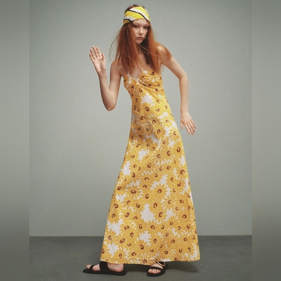 Mango Sunflower Cotton Maxi Dress Halter Sleeveless Size XL NEW NWT Boho Yellow - Picture 12 of 12